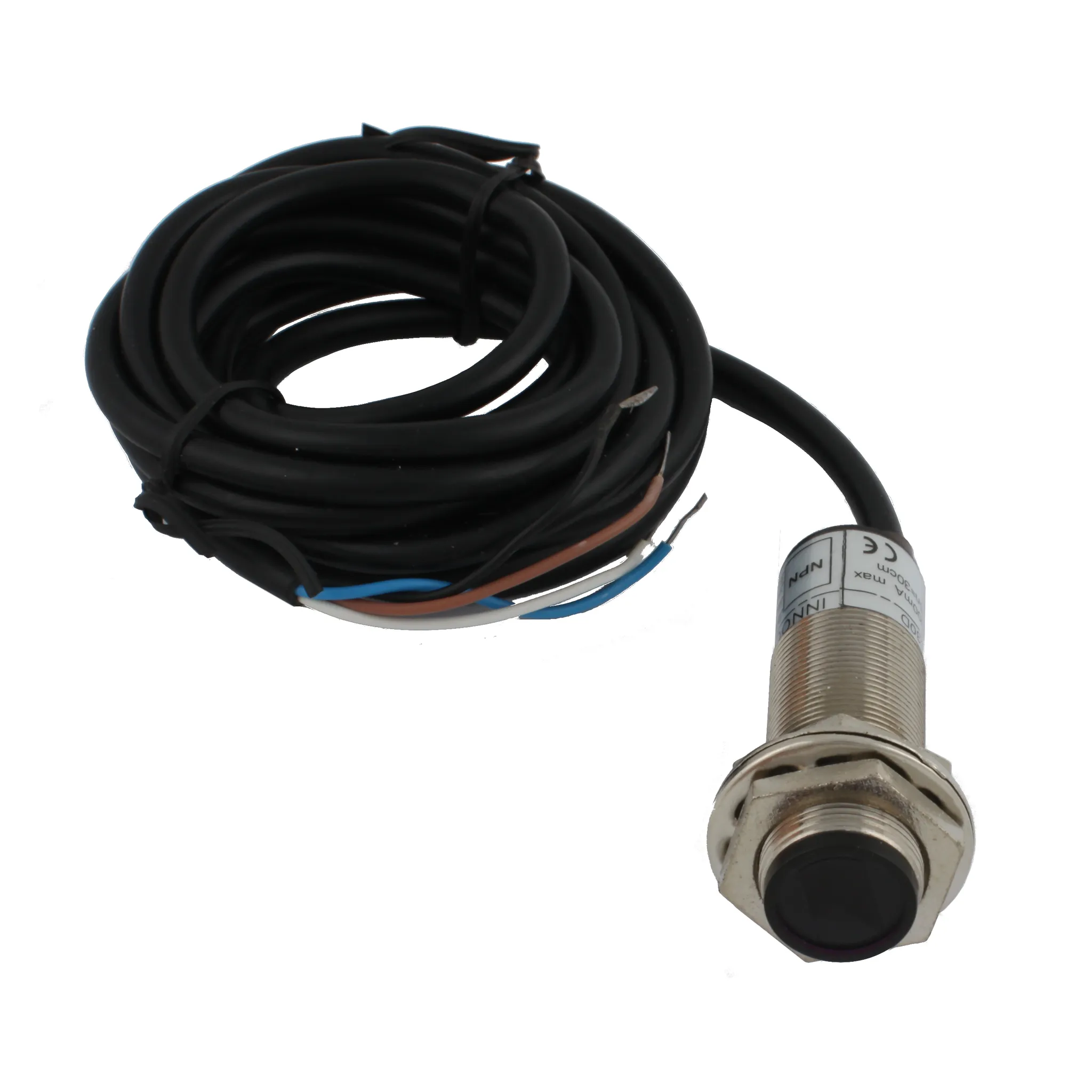 INNOCONT Фотодатчик диффузионный, М18x1, зона срабатывания до 30 см, -10 +60 С, 12…24 VDC, IP67, выход: NPN NO + NC, макс. ток 200 мА, время реакции 3 мс, кабель 2 м PES-D18-NOC30D (cable)