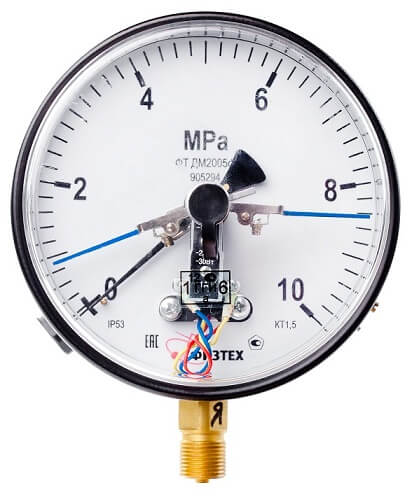 Вакуумметры, мановакуумметры, манометры электроконтактные пылевлагозащищенные ДВ2005ф, ДА2005ф, ДМ2005ф IP53 (Диаметр: 160 мм)